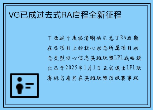 VG已成过去式RA启程全新征程